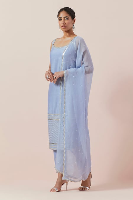 Buy Priyal Prakash Blue Chanderi, Viscose, Cotton Sequins, Zari, Embroidery Round Kurta Pant Set Online at Aza Fashions Buy_Priyal Prakash_Blue Chanderi, Viscose, Cotton Sequins, Zari, Embroidery Round Kurta Pant Set _Online_at_Aza_Fashions