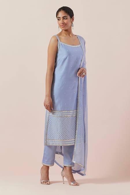 Shop Priyal Prakash Blue Chanderi, Viscose, Cotton Sequins, Zari, Embroidery Round Kurta Pant Set Online at Aza Fashions Shop_Priyal Prakash_Blue Chanderi, Viscose, Cotton Sequins, Zari, Embroidery Round Kurta Pant Set _Online_at_Aza_Fashions