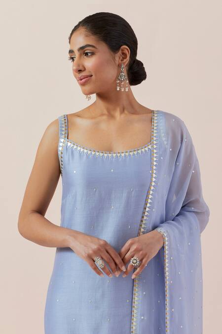 Priyal Prakash Blue Chanderi, Viscose, Cotton Sequins, Zari, Embroidery Round Kurta Pant Set at Aza Fashions Priyal Prakash_Blue Chanderi, Viscose, Cotton Sequins, Zari, Embroidery Round Kurta Pant Set _at_Aza_Fashions