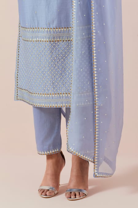 Buy Priyal Prakash Blue Chanderi, Viscose, Cotton Sequins, Zari, Embroidery Round Kurta Pant Set Buy_Priyal Prakash_Blue Chanderi, Viscose, Cotton Sequins, Zari, Embroidery Round Kurta Pant Set