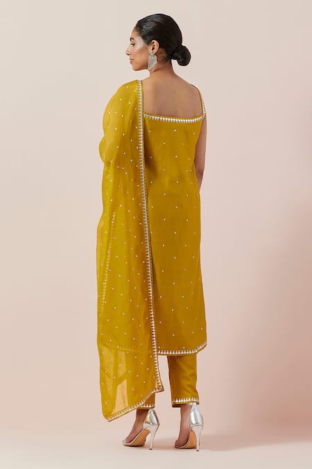 Shop Priyal Prakash Yellow Chanderi, Cotton, Viscose Sequins, Zari Round Embroidered Kurta Pant Set at Aza Fashions Shop_Priyal Prakash_Yellow Chanderi, Cotton, Viscose Sequins, Zari Round Embroidered Kurta Pant Set _at_Aza_Fashions