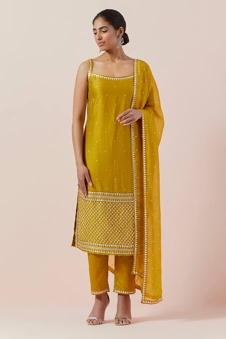 Priyal Prakash Yellow Chanderi, Cotton, Viscose Sequins, Zari Round Embroidered Kurta Pant Set Online at Aza Fashions Priyal Prakash_Yellow Chanderi, Cotton, Viscose Sequins, Zari Round Embroidered Kurta Pant Set _Online_at_Aza_Fashions