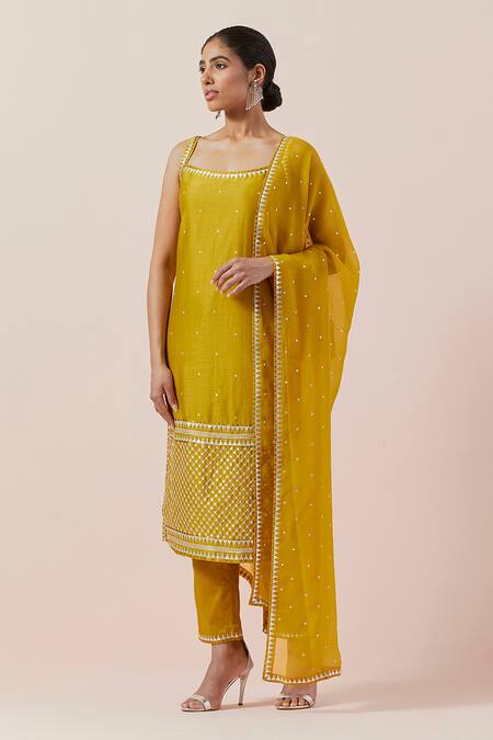 Buy Priyal Prakash Yellow Chanderi, Cotton, Viscose Sequins, Zari Round Embroidered Kurta Pant Set Online at Aza Fashions Buy_Priyal Prakash_Yellow Chanderi, Cotton, Viscose Sequins, Zari Round Embroidered Kurta Pant Set _Online_at_Aza_Fashions
