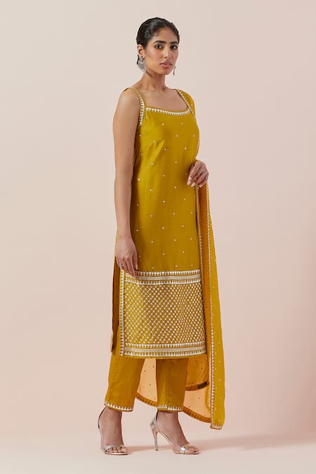 Shop Priyal Prakash Yellow Chanderi, Cotton, Viscose Sequins, Zari Round Embroidered Kurta Pant Set Online at Aza Fashions Shop_Priyal Prakash_Yellow Chanderi, Cotton, Viscose Sequins, Zari Round Embroidered Kurta Pant Set _Online_at_Aza_Fashions