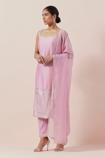 Priyal Prakash_Pink Chanderi, Cotton, Viscose Sequins, Zari Scoop Neck And Work Kurta Set _Online_at_Aza_Fashions