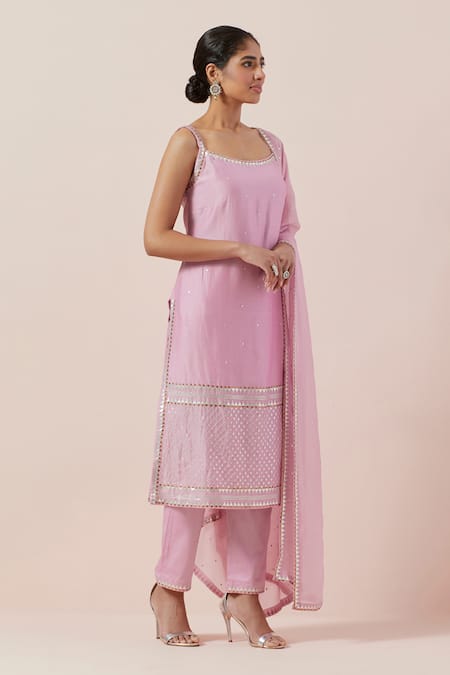 Buy_Priyal Prakash_Pink Chanderi, Cotton, Viscose Sequins, Zari Scoop Neck And Work Kurta Set _Online_at_Aza_Fashions