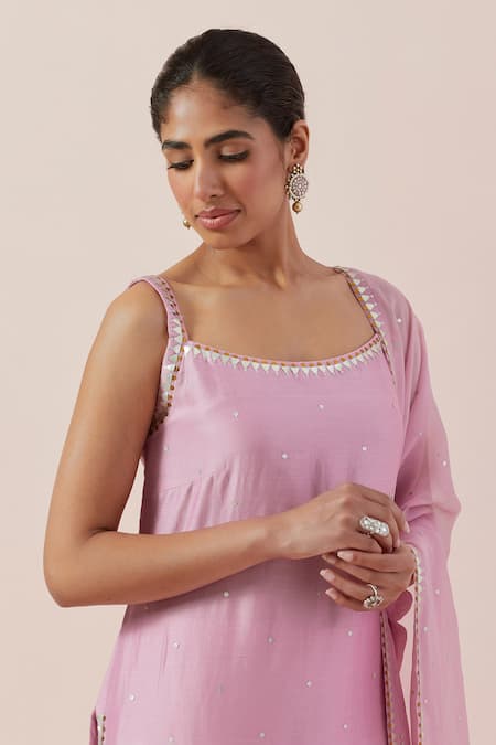 Shop_Priyal Prakash_Pink Chanderi, Cotton, Viscose Sequins, Zari Scoop Neck And Work Kurta Set _Online_at_Aza_Fashions
