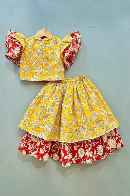 Shop Label Neeti Yellow Cotton, Linen Embroidery Floral Print Layered Lehenga And Blouse Set at Aza Fashions Shop_Label Neeti_Yellow Cotton, Linen Embroidery Floral Print Layered Lehenga And Blouse Set _at_Aza_Fashions