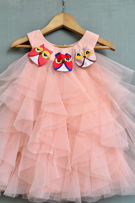 Label Neeti_Pink Tulle Embroidery Ruffled Owl Applique Dress _Online_at_Aza_Fashions