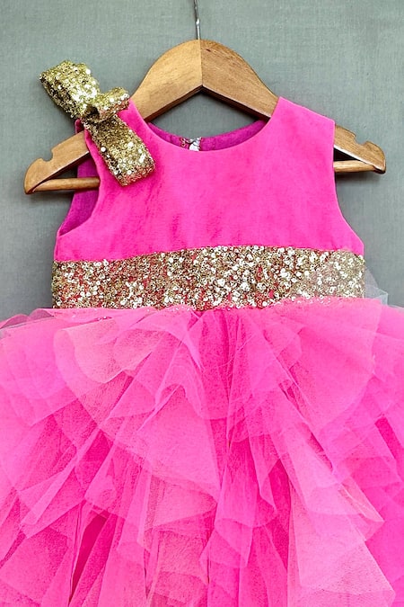 Label Neeti_Pink Net, Cotton Sequins Ruffled Bow Dress _Online_at_Aza_Fashions