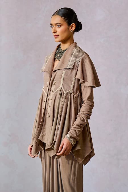 Tarun Tahiliani_Grey Georgette, Handloom Cotton Collared Cascading Jacket With Dhoti Pant _Online_at_Aza_Fashions