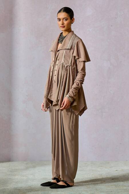 Buy_Tarun Tahiliani_Grey Georgette, Handloom Cotton Collared Cascading Jacket With Dhoti Pant _Online_at_Aza_Fashions