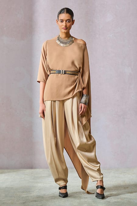 Tarun Tahiliani_Brown Georgette, Satin, Lycra Asymmetric Draped Top With Dhoti Pant _Online_at_Aza_Fashions