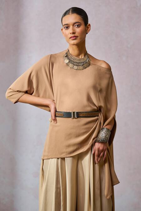 Buy_Tarun Tahiliani_Brown Georgette, Satin, Lycra Asymmetric Draped Top With Dhoti Pant _Online_at_Aza_Fashions