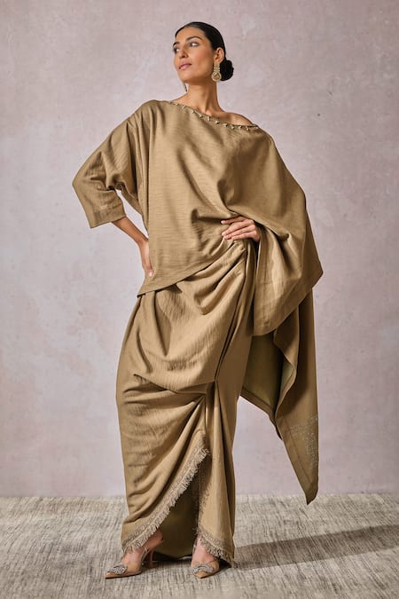 Tarun Tahiliani_Brown Rayon Beads Asymmetric Oversized Top With Skirt _Online_at_Aza_Fashions