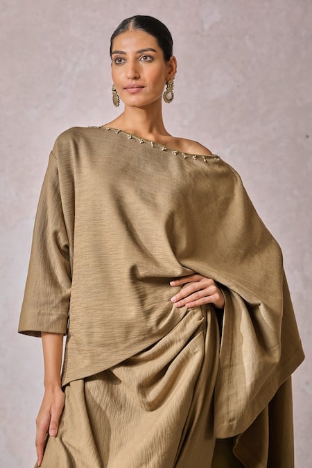 Buy_Tarun Tahiliani_Brown Rayon Beads Asymmetric Oversized Top With Skirt _Online_at_Aza_Fashions