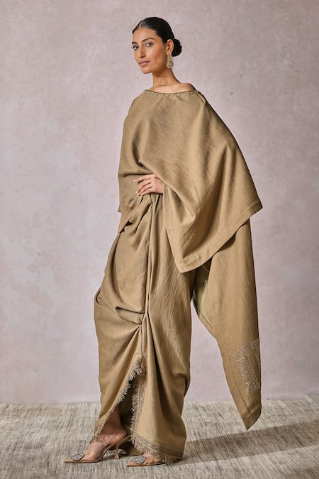 Shop_Tarun Tahiliani_Brown Rayon Beads Asymmetric Oversized Top With Skirt _Online_at_Aza_Fashions