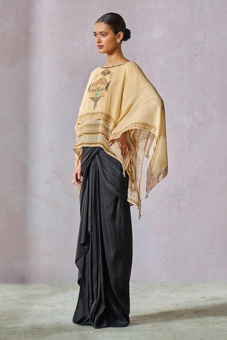 Tarun Tahiliani_Beige Georgette Print Painting Boat Neck Inspired Layered Top _Online_at_Aza_Fashions