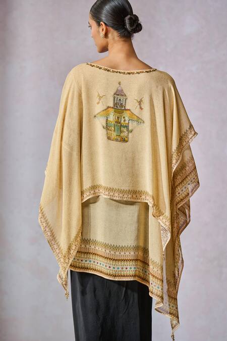 Buy_Tarun Tahiliani_Beige Georgette Print Painting Boat Neck Inspired Layered Top _Online_at_Aza_Fashions