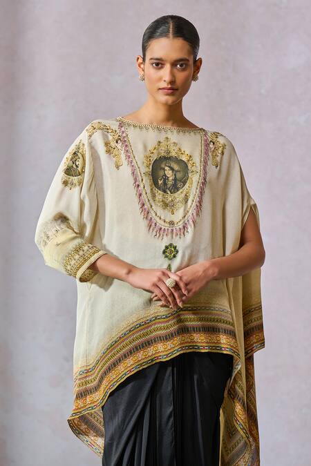 Tarun Tahiliani_Ivory Georgette Print Painting Boat Neck Inspired Trail Draped Top _Online_at_Aza_Fashions
