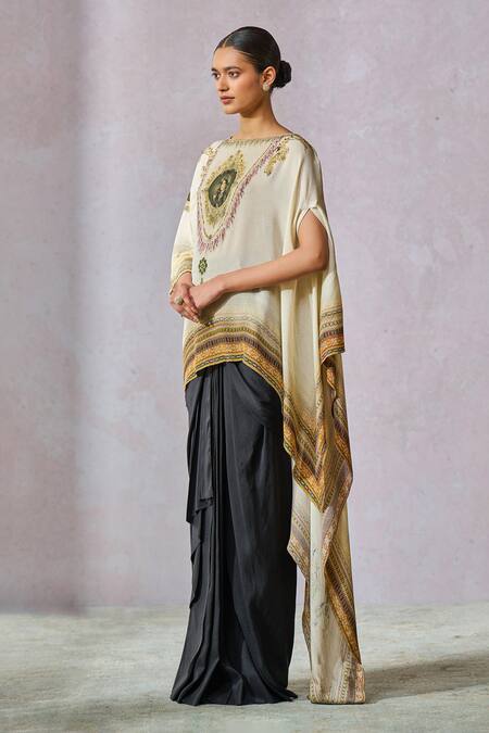 Buy_Tarun Tahiliani_Ivory Georgette Print Painting Boat Neck Inspired Trail Draped Top _Online_at_Aza_Fashions