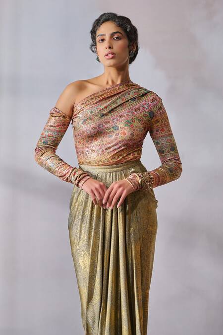 Tarun Tahiliani_Multi Color Jersey Embroidery Asymmetric Abstract Floral Print Top _Online_at_Aza_Fashions