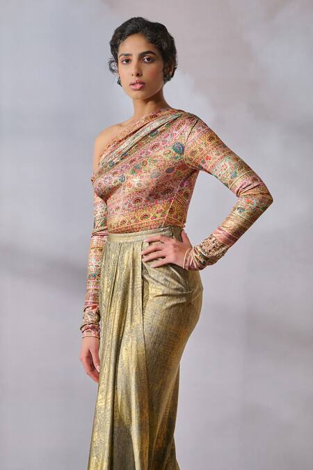Buy_Tarun Tahiliani_Multi Color Jersey Embroidery Asymmetric Abstract Floral Print Top _Online_at_Aza_Fashions