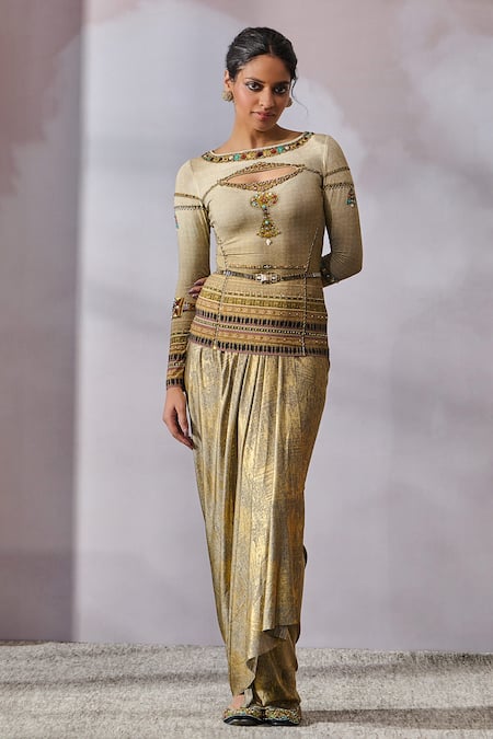 Tarun Tahiliani Beige Jersey Print Painting Boat Neck Inspired Cutout Metallic Top 