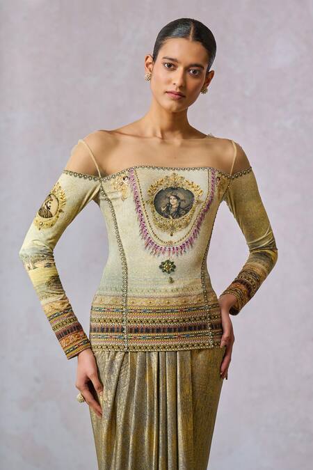 Tarun Tahiliani_Beige Jersey Embroidery Boat Neck Metallic Painting Inspired Print Top _Online_at_Aza_Fashions