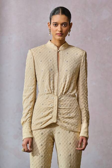 Tarun Tahiliani_Off White Silk, Georgette Sequins, Pearls, Hand Embroidered Jacket With Trouser _Online_at_Aza_Fashions