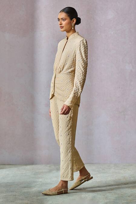 Buy_Tarun Tahiliani_Off White Silk, Georgette Sequins, Pearls, Hand Embroidered Jacket With Trouser _Online_at_Aza_Fashions