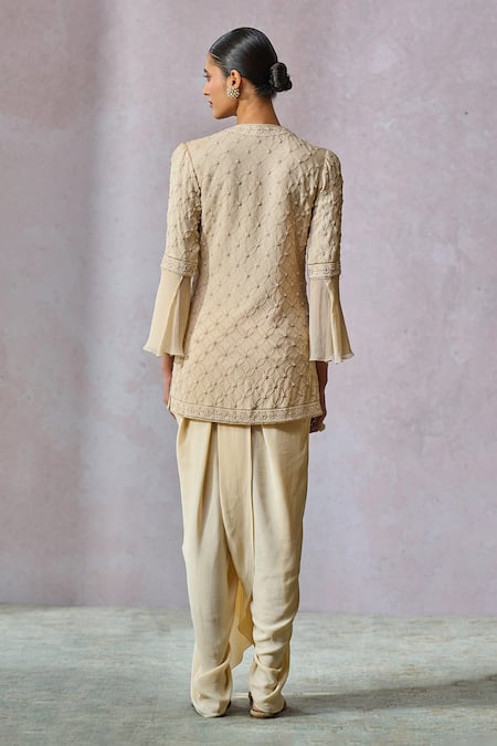 Shop_Tarun Tahiliani_Off White Silk, Georgette Pearls, Hand Embroidered Kurta With Draped Dhoti _at_Aza_Fashions