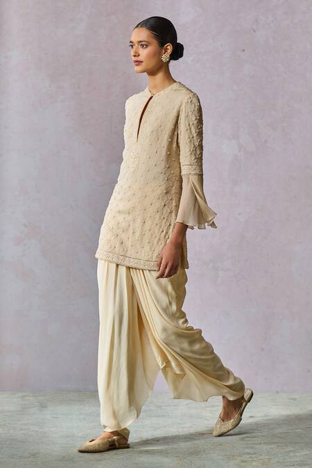 Buy_Tarun Tahiliani_Off White Silk, Georgette Pearls, Hand Embroidered Kurta With Draped Dhoti _Online_at_Aza_Fashions
