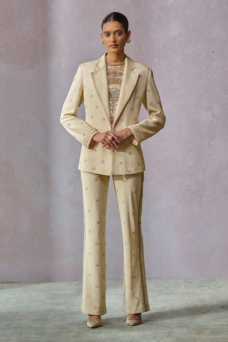 Tarun Tahiliani Off White Jacket Silk Georgette Hand Embroidery Floral Floret With Trouser 