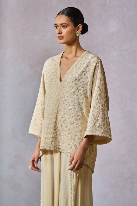 Tarun Tahiliani_Off White Silk, Georgette Pearls, Hand Embroidered Tunic With Fluid Pant _Online_at_Aza_Fashions