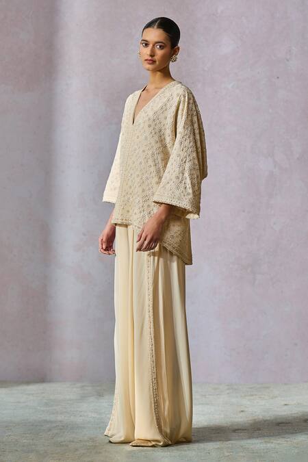 Buy_Tarun Tahiliani_Off White Silk, Georgette Pearls, Hand Embroidered Tunic With Fluid Pant _Online_at_Aza_Fashions