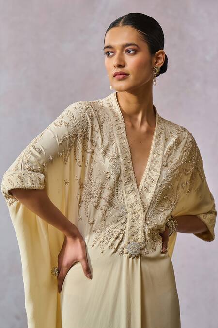 Buy_Tarun Tahiliani_Off White Silk Georgette Hand Embroidery Floral. Sequins V Neck Kaftan _Online_at_Aza_Fashions