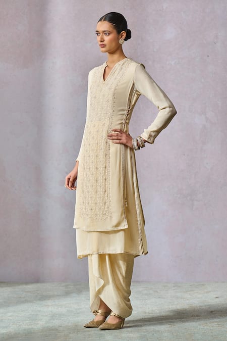 Tarun Tahiliani_Off White Silk, Georgette Floral Embroidered Layered Kurta With Dhoti Pant _Online_at_Aza_Fashions