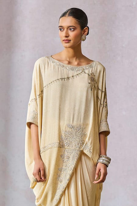 Buy_Tarun Tahiliani_Off White Silk, Georgette Pearls, Hand Embroidered Kimono Tunic With Dhoti _Online_at_Aza_Fashions