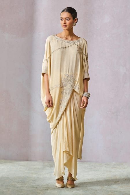 Shop_Tarun Tahiliani_Off White Silk, Georgette Pearls, Hand Embroidered Kimono Tunic With Dhoti _Online_at_Aza_Fashions