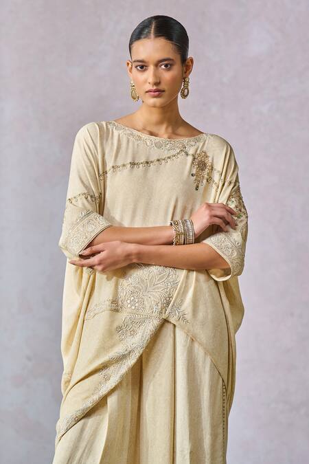 Tarun Tahiliani_Off White Silk, Georgette Pearls, Hand Embroidered Kimono Tunic With Trouser _Online_at_Aza_Fashions