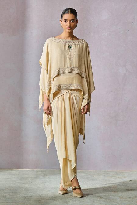 Tarun Tahiliani_Off White Silk, Georgette Pearls, Hand Embroidered Layered Top With Dhoti Pant _Online_at_Aza_Fashions