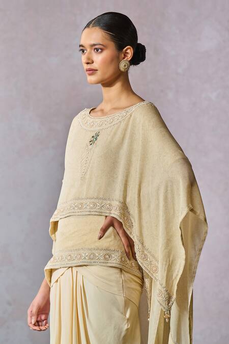 Buy_Tarun Tahiliani_Off White Silk, Georgette Pearls, Hand Embroidered Layered Top With Dhoti Pant _Online_at_Aza_Fashions