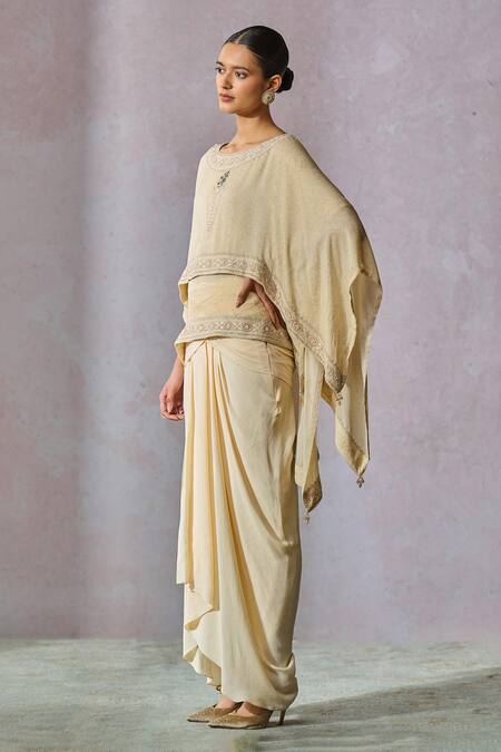 Shop_Tarun Tahiliani_Off White Silk, Georgette Pearls, Hand Embroidered Layered Top With Dhoti Pant _Online_at_Aza_Fashions