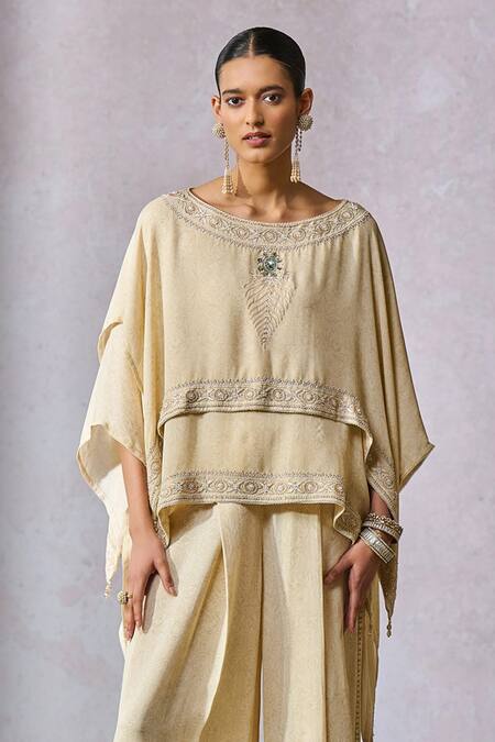 Tarun Tahiliani_Off White Top Silk Georgette Hand Embroidery Chikankari Layered With Trouser _Online_at_Aza_Fashions