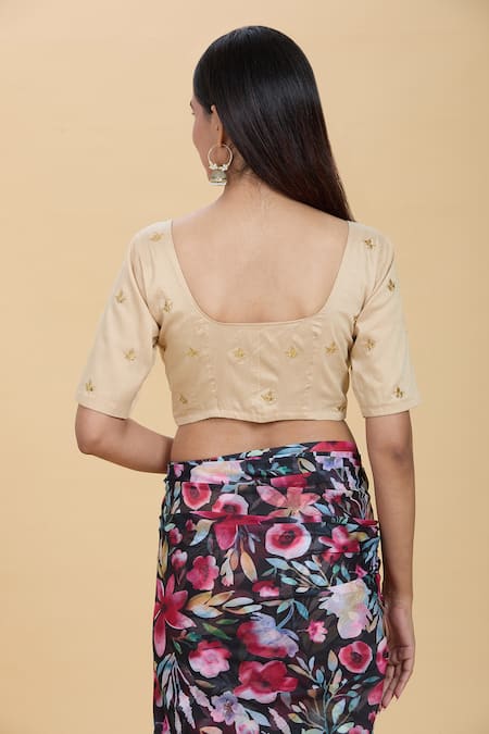 Shop Kalakaari By Sagarika Beige Spandex Embroidery Round Neck Gota Patti Hand Blouse at Aza Fashions Shop_Kalakaari By Sagarika_Beige Spandex Embroidery Round Neck Gota Patti Hand Blouse _at_Aza_Fashions