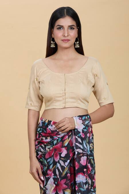 Kalakaari By Sagarika Beige Spandex Embroidery Round Neck Gota Patti Hand Blouse at Aza Fashions Kalakaari By Sagarika_Beige Spandex Embroidery Round Neck Gota Patti Hand Blouse _at_Aza_Fashions