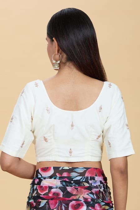 Shop Kalakaari By Sagarika Off White Silk Embroidery Round Neck Floral Buta Blouse at Aza Fashions Shop_Kalakaari By Sagarika_Off White Silk Embroidery Round Neck Floral Buta Blouse _at_Aza_Fashions