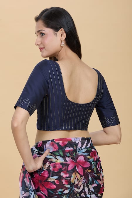 Shop Kalakaari By Sagarika Blue Silk Round Neck Lurex Stripe Detailed Blouse at Aza Fashions Shop_Kalakaari By Sagarika_Blue Silk Round Neck Lurex Stripe Detailed Blouse _at_Aza_Fashions