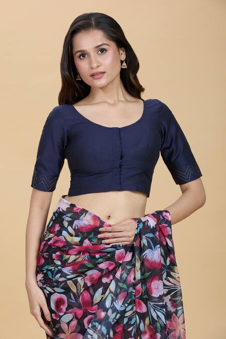 Kalakaari By Sagarika Blue Silk Round Neck Lurex Stripe Detailed Blouse Online at Aza Fashions Kalakaari By Sagarika_Blue Silk Round Neck Lurex Stripe Detailed Blouse _Online_at_Aza_Fashions